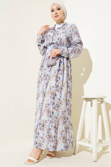 Ebruli Çiçek Desen Boydan Düğmeli Elbise Lila - 700-1000 TL Ürünler