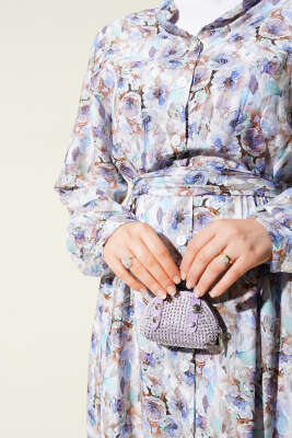 Ebruli Çiçek Desen Boydan Düğmeli Elbise Lila - Tesettür Elbise