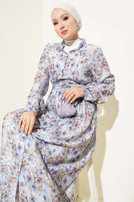 Ebruli Çiçek Desen Boydan Düğmeli Elbise Lila - Tesettür Elbise