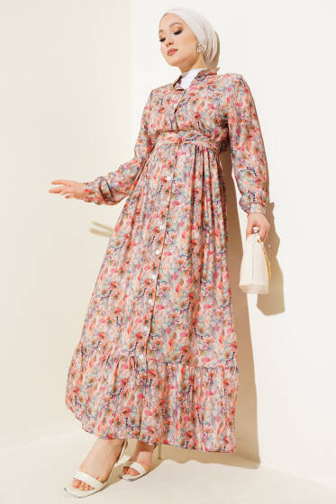 Ebruli Çiçek Desen Boydan Düğmeli Elbise Pudra - Elbise