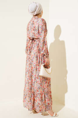 Ebruli Çiçek Desen Boydan Düğmeli Elbise Pudra - Tesettür Elbise