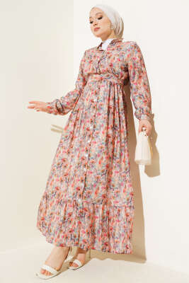 Ebruli Çiçek Desen Boydan Düğmeli Elbise Pudra 