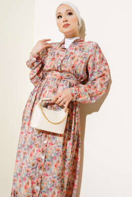 Ebruli Çiçek Desen Boydan Düğmeli Elbise Pudra - Tesettür Elbise
