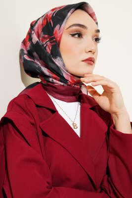 Ebruli Çiçek Desen Eşarp Bordo 