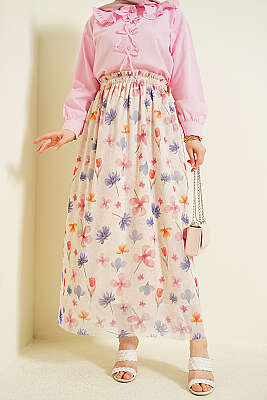 Ebruli Çiçek Desen Tül Etek Bej - FİXAY