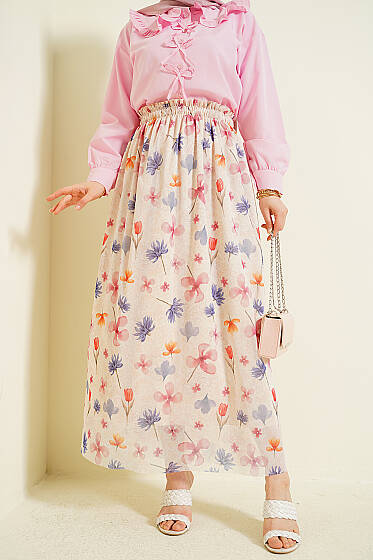 Ebruli Çiçek Desen Tül Etek Bej - Etek