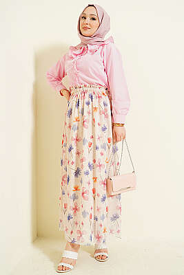 Ebruli Çiçek Desen Tül Etek Bej - Etek