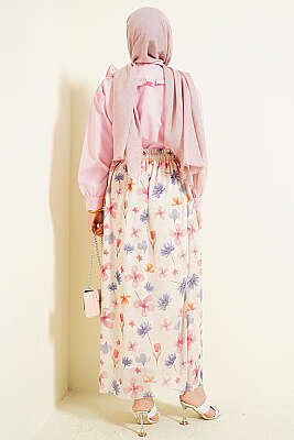 Ebruli Çiçek Desen Tül Etek Bej - Etek