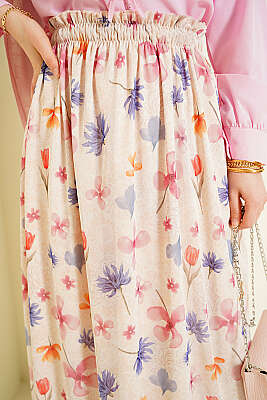 Ebruli Çiçek Desen Tül Etek Bej - Etek