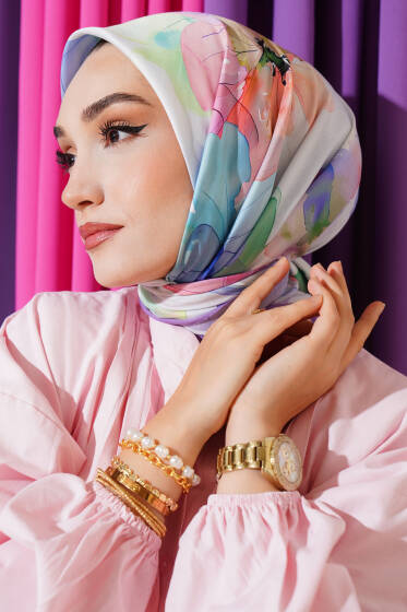 Ebruli Çiçek Desenli Eşarp Lila - Başörtüsü