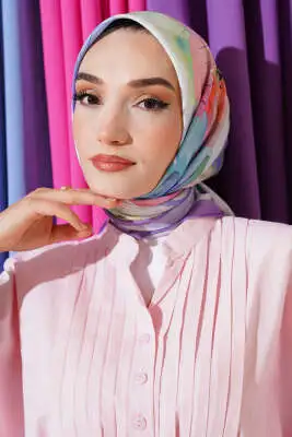 Ebruli Çiçek Desenli Eşarp Lila - Başörtüsü
