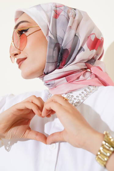 Ebruli Çiçek Desenli Eşarp Pudra - Başörtüsü