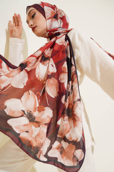 Ebruli Çiçek Şerit Geçişli Şal Acı Kahve - Başörtüsü