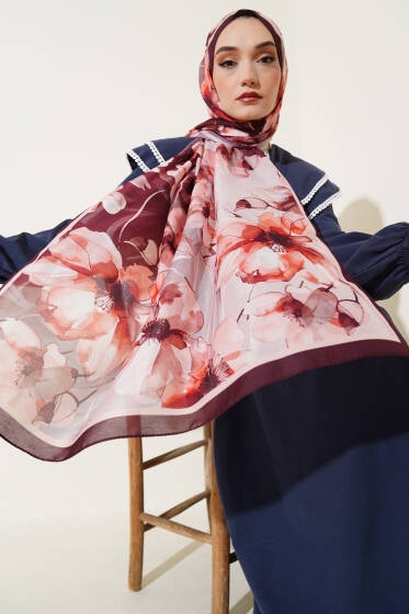 Ebruli Çiçek Şerit Geçişli Şal Koyu Kahve - Başörtüsü
