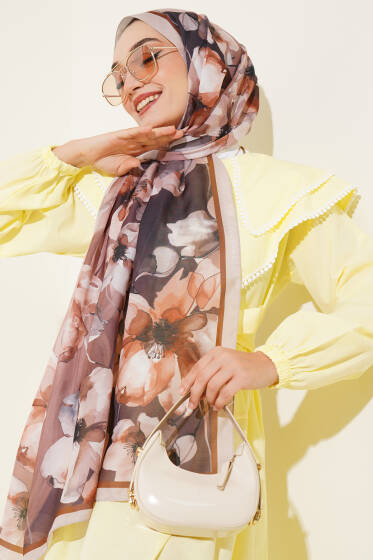 Ebruli Çiçek Şerit Geçişli Şal Latte - Başörtüsü