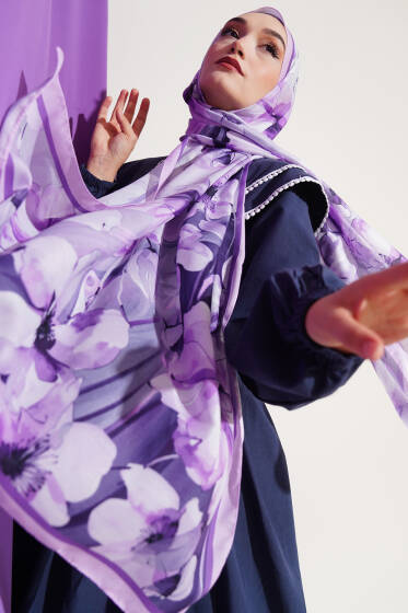 Ebruli Çiçek Şerit Geçişli Şal Lila - Başörtüsü
