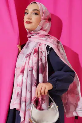 Ebruli Çiçek Şerit Geçişli Şal Pembe - Başörtüsü