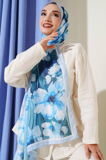 Ebruli Çiçek Şerit Geçişli Şal Soft Mavi - Başörtüsü
