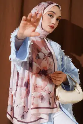 Ebruli Çiçek Şerit Geçişli Şal Somon 