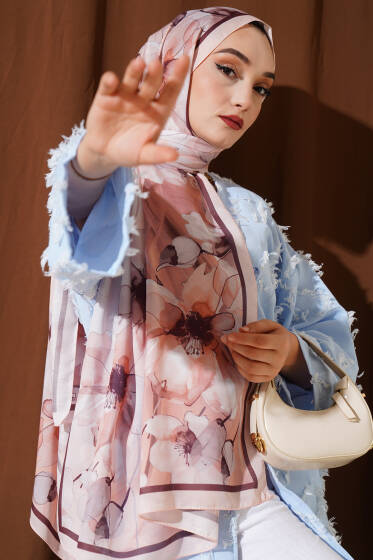 Ebruli Çiçek Şerit Geçişli Şal Somon - Başörtüsü