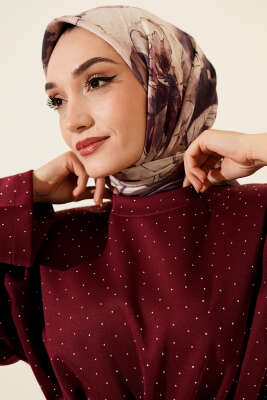 Ebruli Çiçekli Bambu Kraş Eşarp Acı Kahve - Başörtüsü