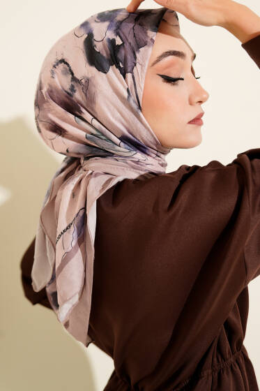 Ebruli Çiçekli Bambu Kraş Eşarp Bej - Başörtüsü