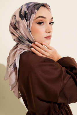 Ebruli Çiçekli Bambu Kraş Eşarp Bej - Başörtüsü