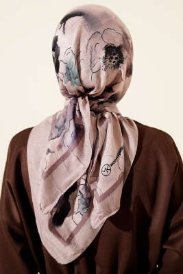 Ebruli Çiçekli Bambu Kraş Eşarp Bej - Başörtüsü