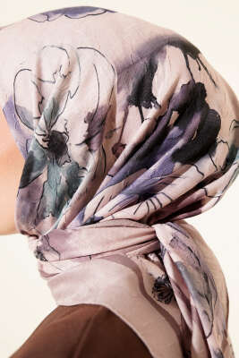 Ebruli Çiçekli Bambu Kraş Eşarp Bej - Başörtüsü