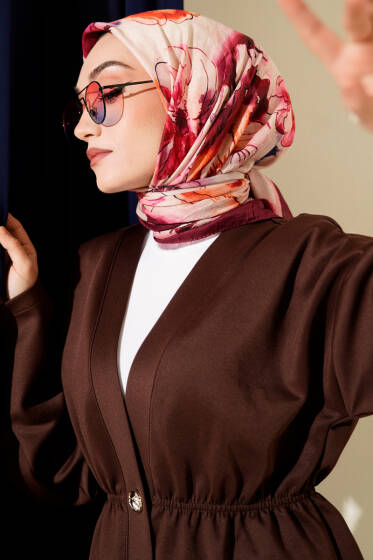 Ebruli Çiçekli Bambu Kraş Eşarp Bordo - Başörtüsü