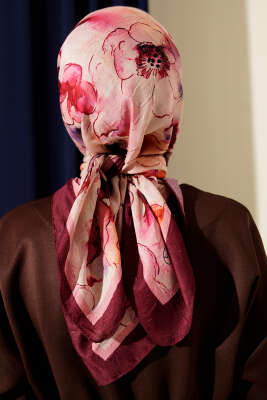 Ebruli Çiçekli Bambu Kraş Eşarp Bordo - Başörtüsü