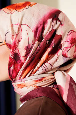 Ebruli Çiçekli Bambu Kraş Eşarp Bordo - Başörtüsü