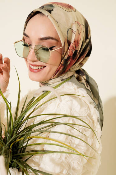 Ebruli Çiçekli Bambu Kraş Eşarp Çağla Yeşili - Başörtüsü