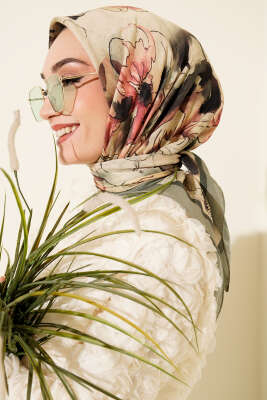 Ebruli Çiçekli Bambu Kraş Eşarp Çağla Yeşili - Başörtüsü
