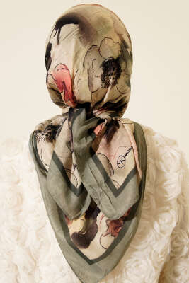 Ebruli Çiçekli Bambu Kraş Eşarp Çağla Yeşili - Başörtüsü