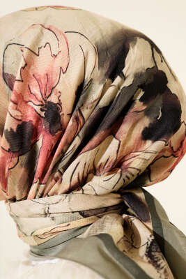 Ebruli Çiçekli Bambu Kraş Eşarp Çağla Yeşili - Başörtüsü