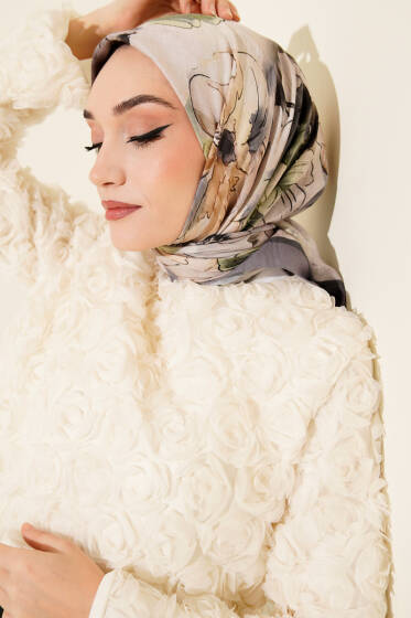 Ebruli Çiçekli Bambu Kraş Eşarp Füme - Başörtüsü