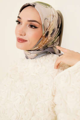 Ebruli Çiçekli Bambu Kraş Eşarp Füme - Başörtüsü