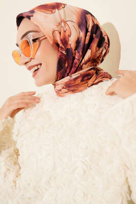 Ebruli Çiçekli Bambu Kraş Eşarp Kahve - Başörtüsü