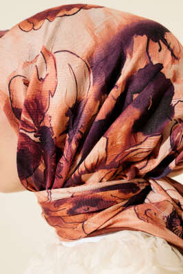 Ebruli Çiçekli Bambu Kraş Eşarp Kahve - Başörtüsü