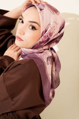 Ebruli Çiçekli Bambu Kraş Eşarp Koyu Lila - MODA KAŞMİR