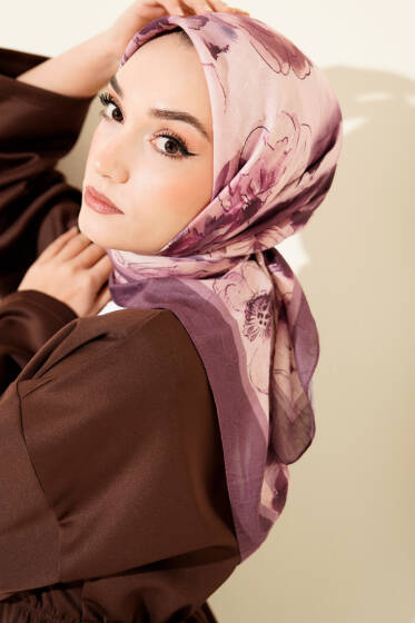 Ebruli Çiçekli Bambu Kraş Eşarp Koyu Lila - Başörtüsü