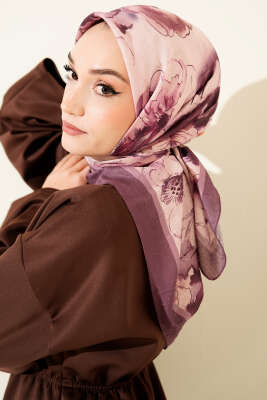 Ebruli Çiçekli Bambu Kraş Eşarp Koyu Lila - Başörtüsü