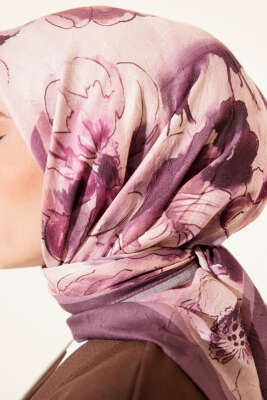 Ebruli Çiçekli Bambu Kraş Eşarp Koyu Lila - Başörtüsü