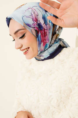 Ebruli Çiçekli Bambu Kraş Eşarp Lacivert - MODA KAŞMİR