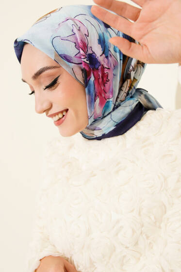 Ebruli Çiçekli Bambu Kraş Eşarp Lacivert - Başörtüsü