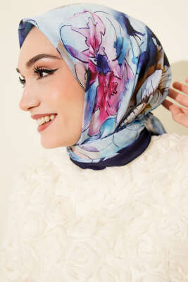 Ebruli Çiçekli Bambu Kraş Eşarp Lacivert - Başörtüsü
