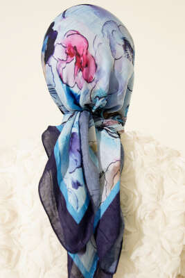 Ebruli Çiçekli Bambu Kraş Eşarp Lacivert - Başörtüsü