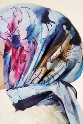 Ebruli Çiçekli Bambu Kraş Eşarp Lacivert - Başörtüsü