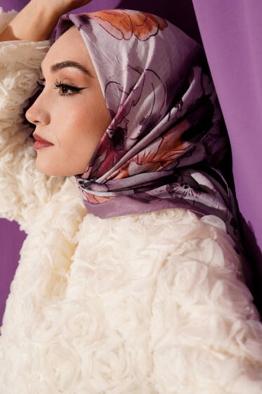 Ebruli Çiçekli Bambu Kraş Eşarp Lila - Başörtüsü